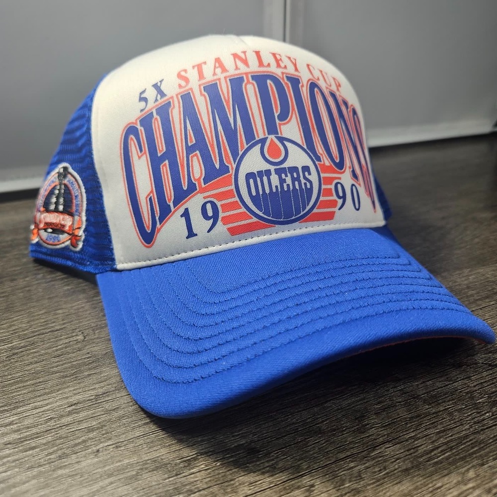 Edmonton Oilers '47 Trucker Hat 5X Stanley Cup Champions 1990 Mesh Adjustable